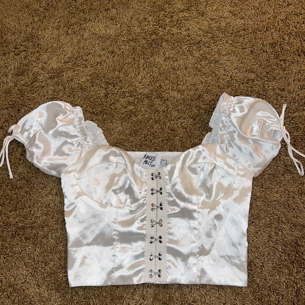 Princess Polly Cropped White Satin Puff Sleeve Top